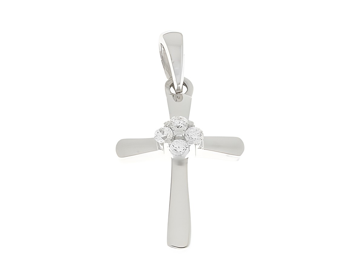 Silber rhodinierter Anhänger in Kreuzform mit funkelnden Zirkonia-Steinen, Hersteller Juwelier Harnisch, ideal als eleganter Schmuck oder symbolisches Geschenk.