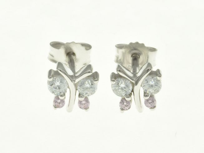 Schmetterling Ohrstecker aus Sterling Silber rhodiniert mit funkelnden Zirkonia in klar und zart rosa, hergestellt von Juwelier Harnisch, perfektes Schmuckstück für jeden Anlass.