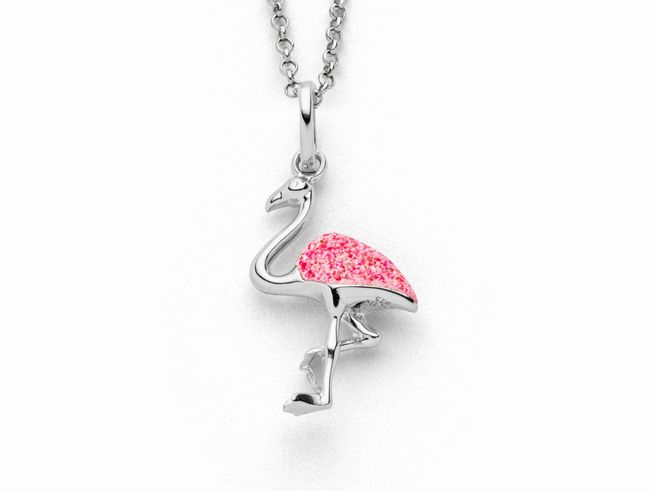 Sterling Silber Anhänger in Form eines Flamingos, rhodiniert, mit rosa Steinsand auf dem Körper, an einer feinen Kette befestigt, von DUR, Neuheiten.
