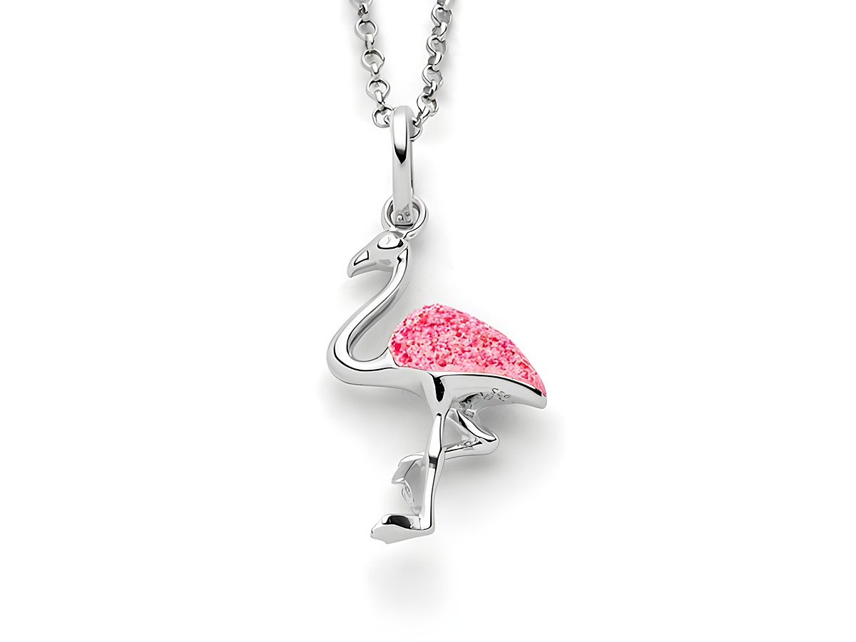 Sterling Silber Anhänger in Form eines Flamingos, rhodiniert, mit rosa Steinsand auf dem Körper, an einer feinen Kette befestigt, von DUR, Neuheiten.