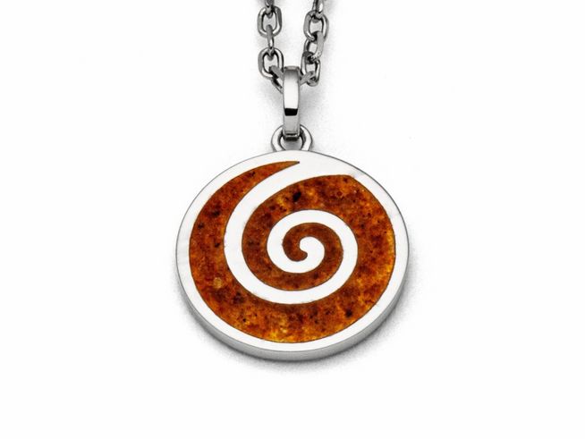 Sterling Silber Anhänger mit einer spiralförmigen Einlage aus Bernsteinsand in warmen Brauntönen, elegantes Design, ideal für modische Akzente, Hersteller DUR.