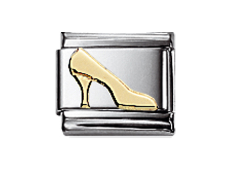 NOMINATION Classic DAILY LIFE Schuh + Absatz 030109 08, Hersteller: Nomination, Gold, zeigt eine stilisierte goldene Stilettoschuh-Darstellung auf einem silbernen Hintergrund.