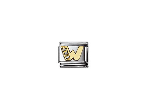Zirkonia Buchstabe W von Nomination, gefertigt aus hochwertigem Edelstahl mit goldenen Akzenten und funkelnden Zirkonia-Steinen, ideal für individuelle Armbänder.