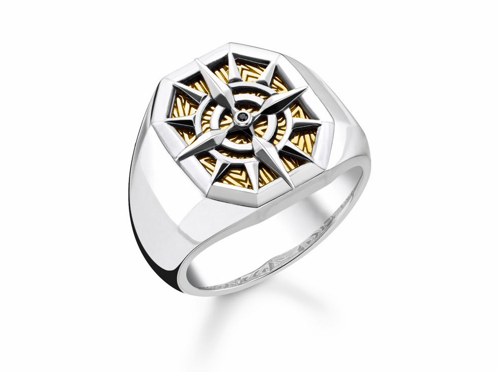 Herrenring von Thomas Sabo aus Sterling Silber mit vergoldetem Kompassdesign und Zirkonia, Siegelring in Größe 62, TR2278-849-7-62 für stilvolle Akzente.