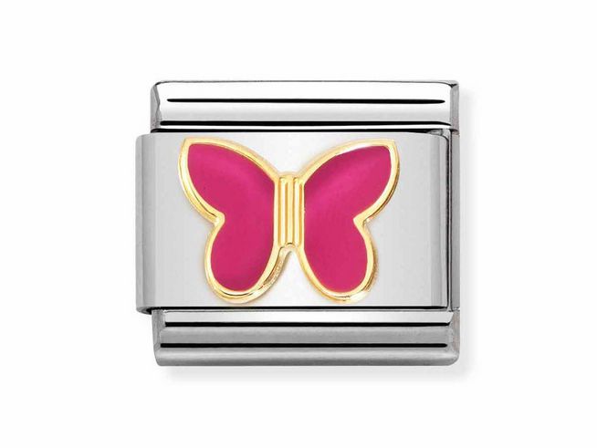 Edelstahlarmband mit einem magentafarbenen Schmetterling aus Emaille und goldenen Details, Hersteller Nomination, Modell 030285 62 CLASSIC SYMBOLE.