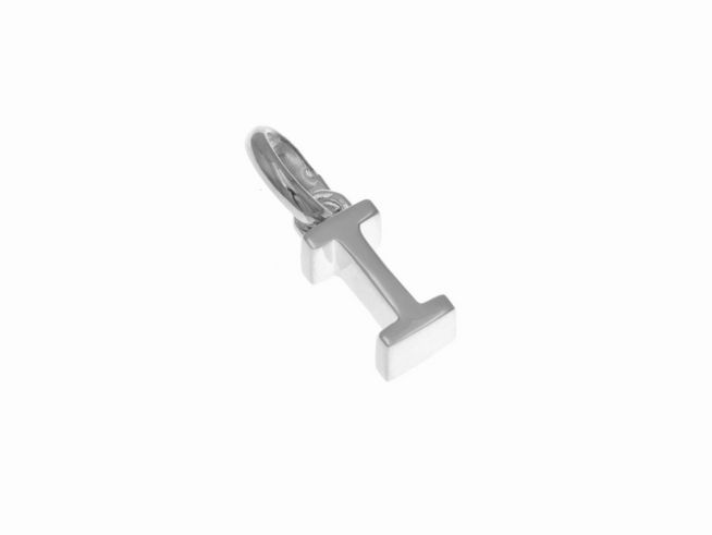 Ein polierter rhodinierten Anhänger aus Sterling Silber in Form des Buchstabens I, hergestellt von Juwelier Harnisch. Der Anhänger hat eine schlichte und moderne Gestaltung.