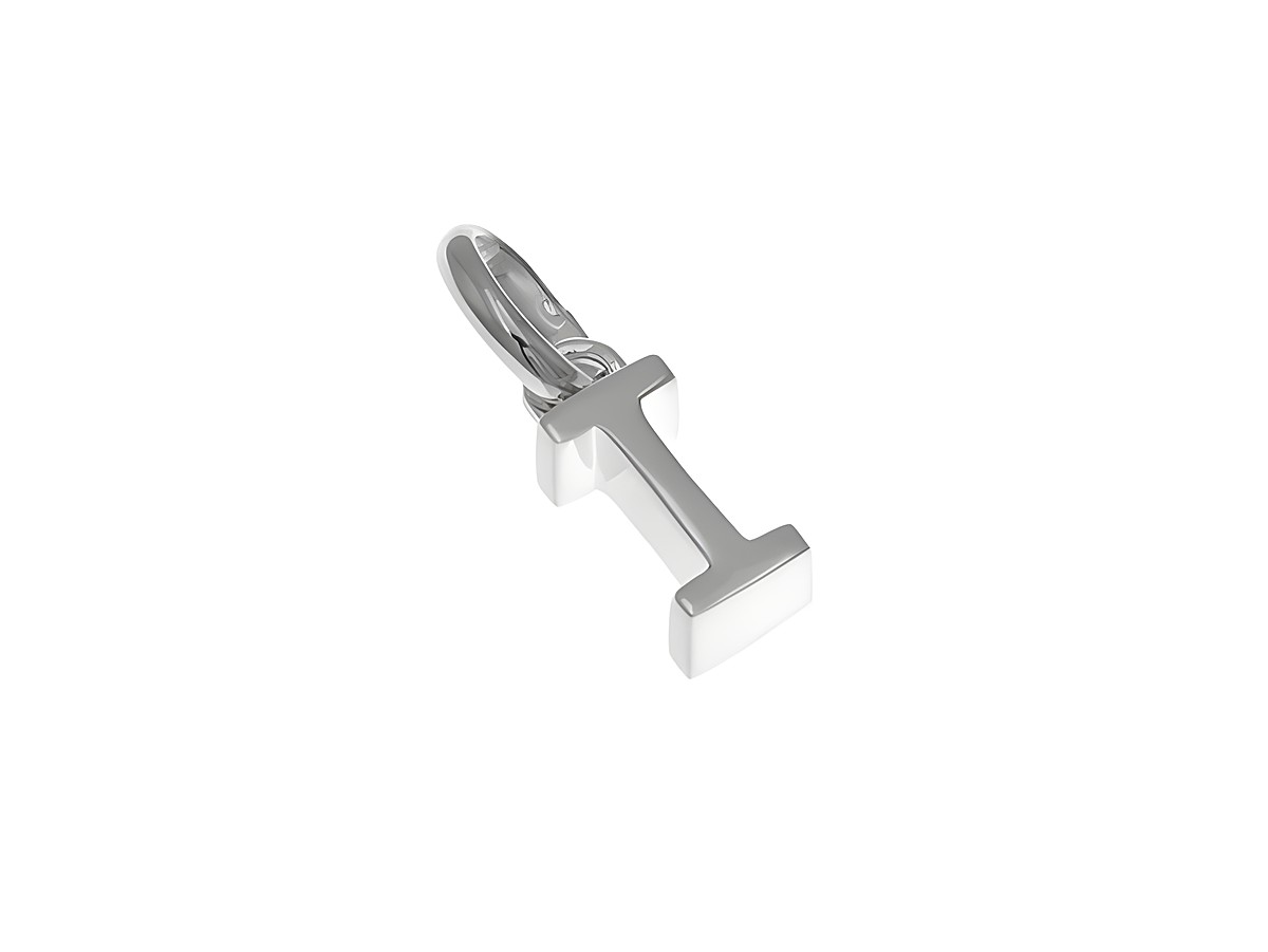 Ein polierter rhodinierten Anhänger aus Sterling Silber in Form des Buchstabens I, hergestellt von Juwelier Harnisch. Der Anhänger hat eine schlichte und moderne Gestaltung.