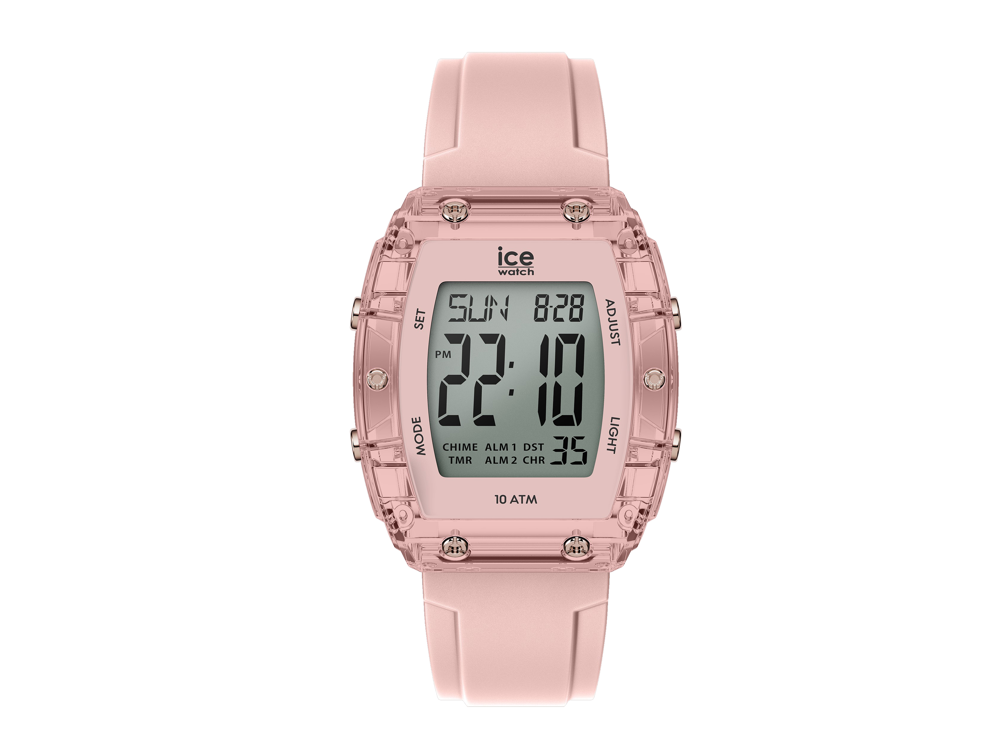 Die Ice Watch 024563 ICE digit boliday in Nude und Nude Clear zeigt ein digitales Ziffernblatt mit einem rosa transparenten Gehäuse und Gummiarmband, ideal für sportliche Anlässe.