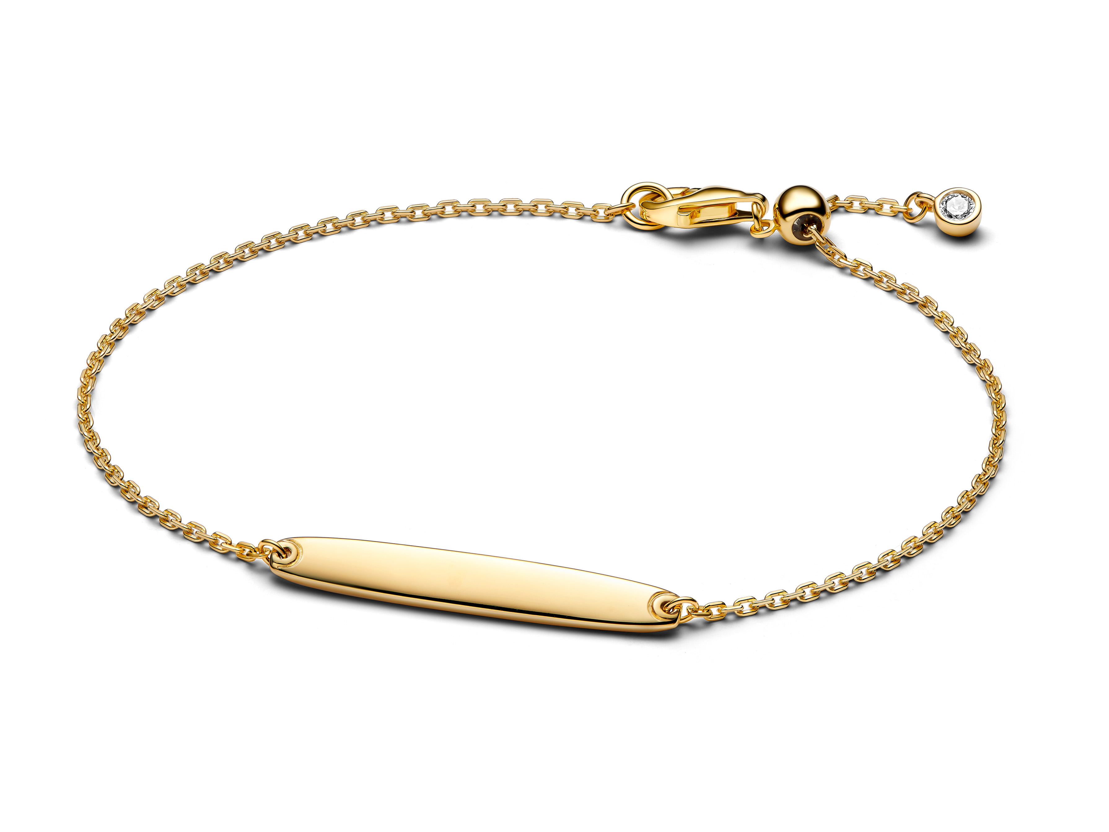 Stab Kettenarmband von Pandora in Gelbgold Vergoldung mit Zirkonia, 16 cm lang. Schlichtes Design mit einer feinen Kette und einem glatten Anhänger. Perfekt für jeden Anlass.