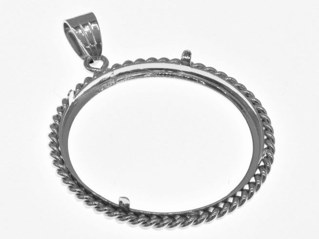 Münzfassung Anhänger aus rhodiniertem 925 Sterling Silber mit einer maximalen Münzgröße von 31,8 mm, Hersteller Juwelier Harnisch, geeignet für Münzen bis 3,5 cm Durchmesser.