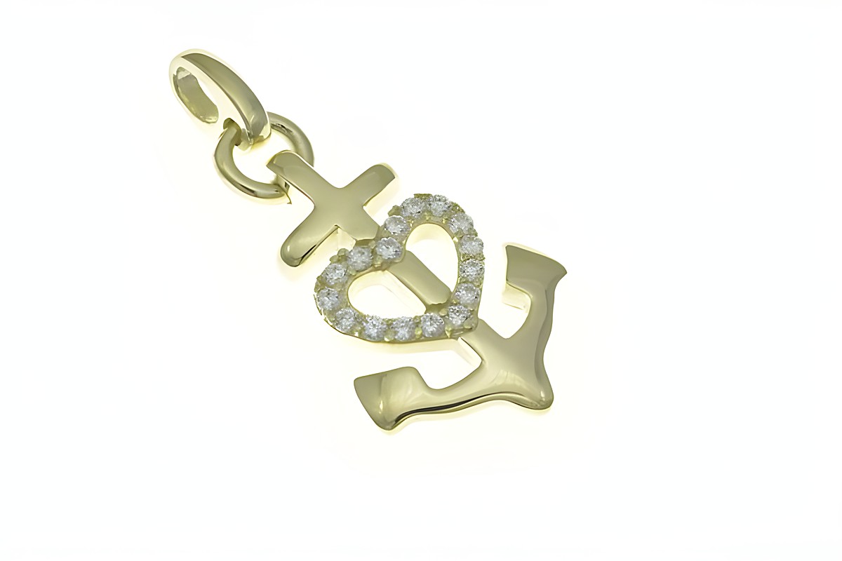 Glaube Liebe Hoffnung Anhänger aus Sterling Silber und Gelbgold mit Zirkonia, geformt als Kreuz mit Herz und Anker, hergestellt von Juwelier Harnisch, ideal für maritime Schmuckliebhaber.