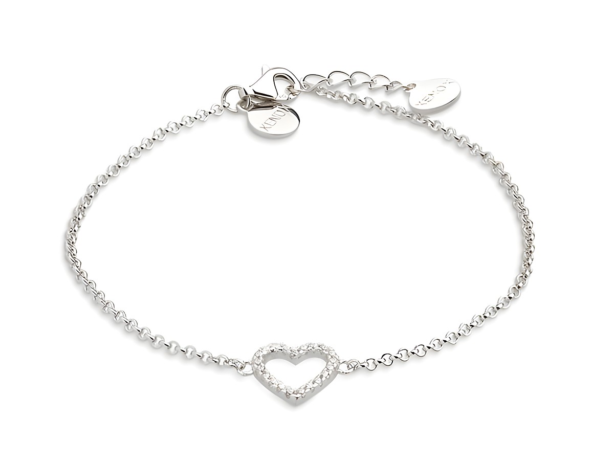Xenox Sterling Silber Armband XS2784 15-20 cm LOVE STORY Ankerkette mit einem schlichten Herz aus funkelnden Steinen auf eleganter Gliederkette, ideal für besondere Anlässe.