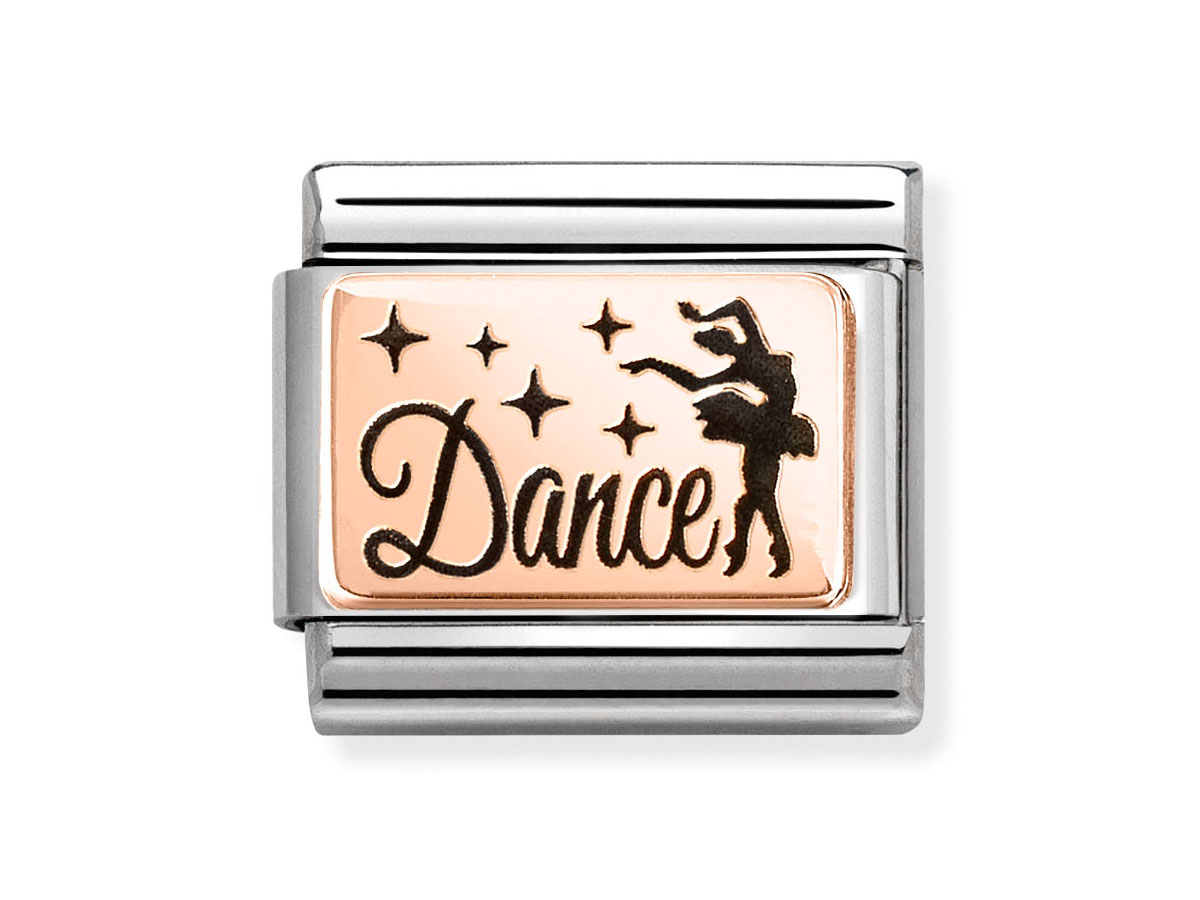 Plättchen aus Roségold mit der Gravur Dance, umrahmt von stilisierten Sternen, zeigt eine tanzende Silhouette und ist Teil der Nomination 430111 29 CLASSIC Element Neuheiten.