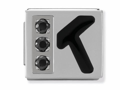 Edelstahl Charm mit dem Buchstaben K, verziert mit schwarzem Emaille und drei Zirkonia-Steinen, Hersteller Nomination, Kollektion IKONS.