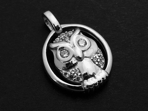 Eule Silber Anhänger symbolisch mit Zirkonia in weiß, hergestellt von Juwelier Harnisch, eignet sich ideal als modisches Schmuckstück für Tierliebhaber.