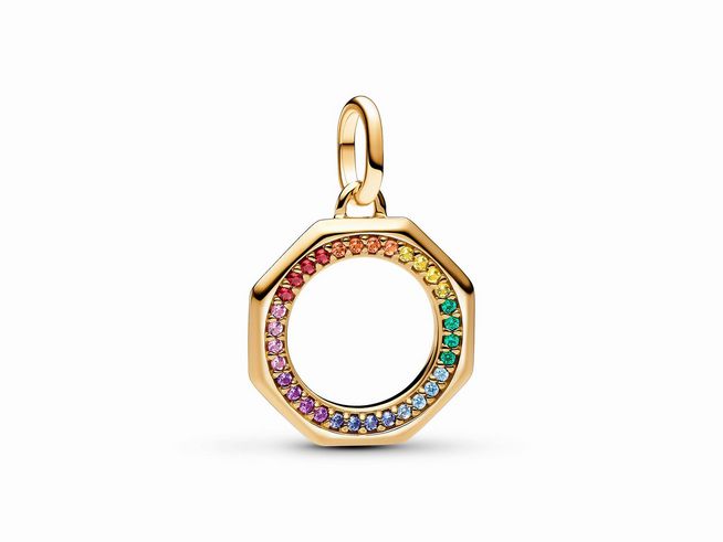 763368000-0 Regenbogen Medaillon-Charm von Pandora in Gelbgold vergoldet, umrandet von funkelnden, man-made Multicolor-Kristallen, perfektes Schmuckstück für Individualität und Stil.