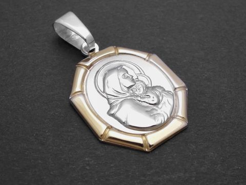 Silber Anhänger mit dem Motiv Maria und dem Jesu Kind, religiös gestaltet, von Juwelier Harnisch, in ovaler Form mit goldfarbener Umrandung.