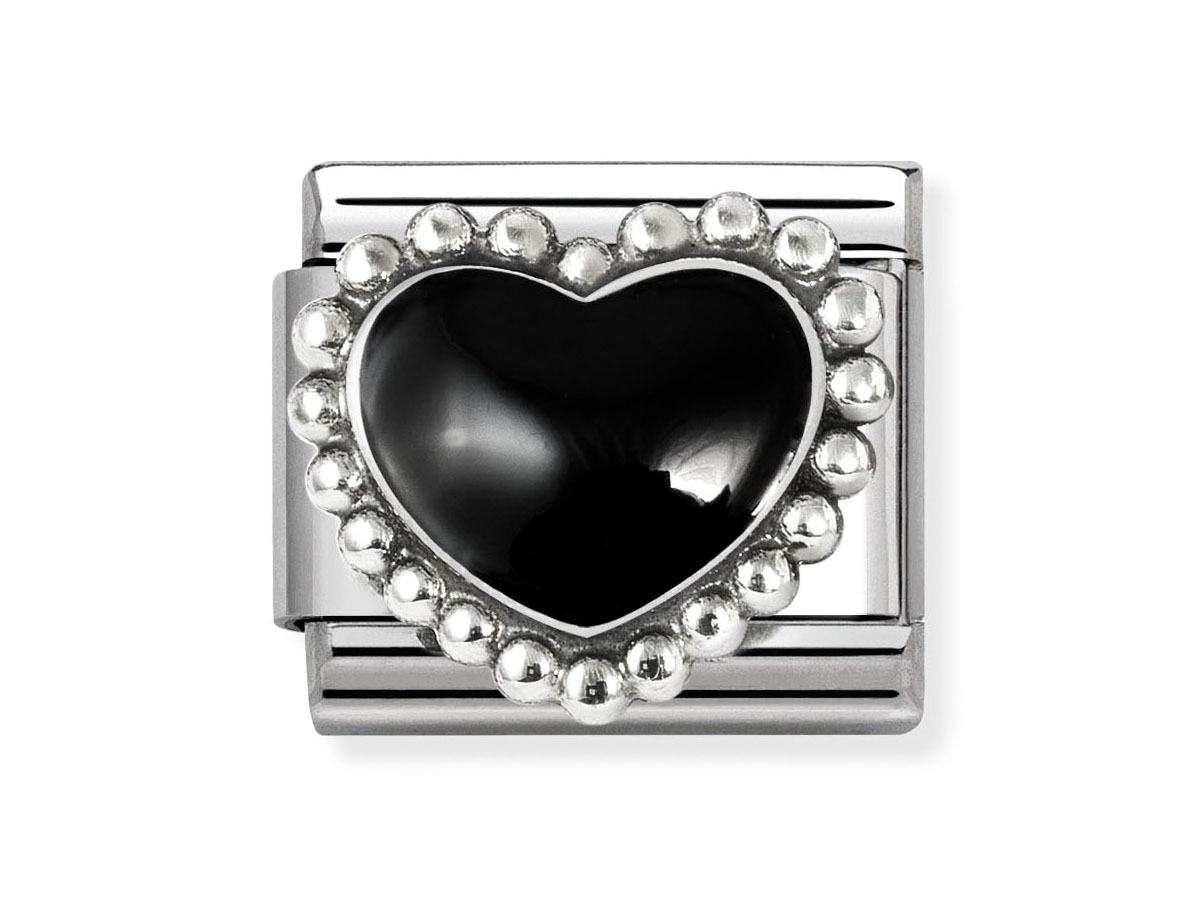 Oxidiertes Sterling Silberarmband mit gewölbtem schwarzen Emaille-Herz, umrandet von kleinen silbernen Perlen, Hersteller Nomination, Neuheiten, Modell 330204 38 CLASSIC.