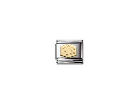 Der NOMINATION Classic FUN Würfel Element 030110 25 ist ein Schmuckelement, das eine goldene Würfelform zeigt, umgeben von einem silbernen Rahmen, ideal für moderne Armbänder.