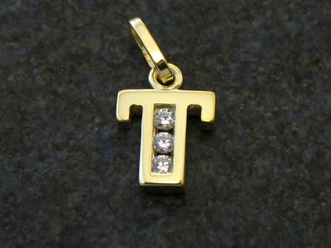 Goldanhänger in Form des Buchstabens T, verziert mit drei Zirkonia, Hersteller Juwelier Harnisch. Ideal als persönlicher Schmuck oder Geschenk.