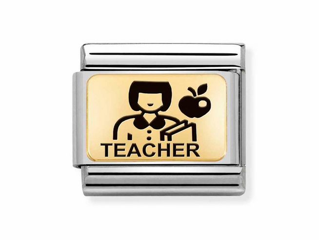 Charm von Nomination Classic Gold 030166 26 aus Edelstahl und Gold 585 mit emaillierter Darstellung einer Lehrerin und dem Schriftzug Teacher sowie einem Apfel.