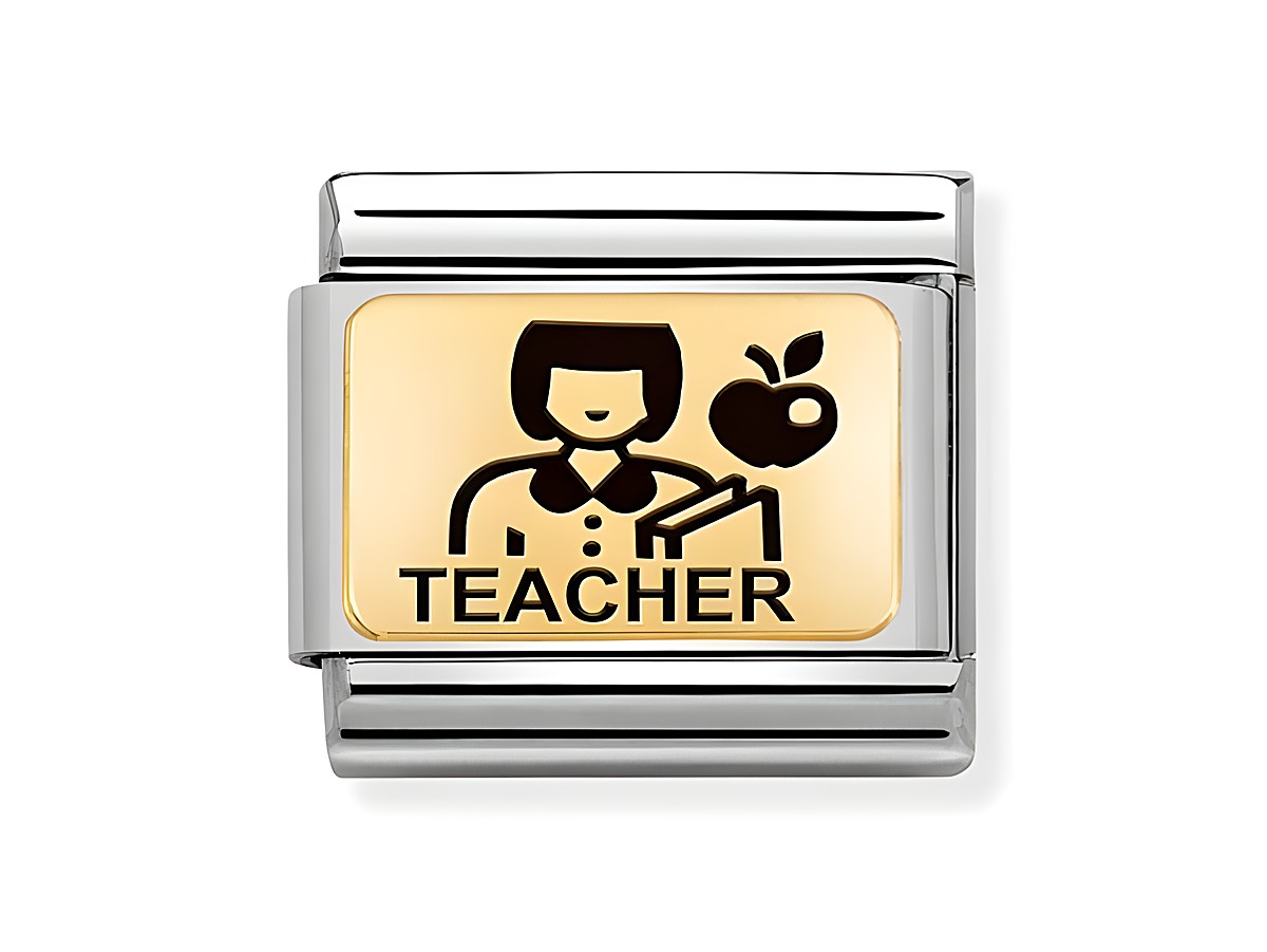 Charm von Nomination Classic Gold 030166 26 aus Edelstahl und Gold 585 mit emaillierter Darstellung einer Lehrerin und dem Schriftzug Teacher sowie einem Apfel.