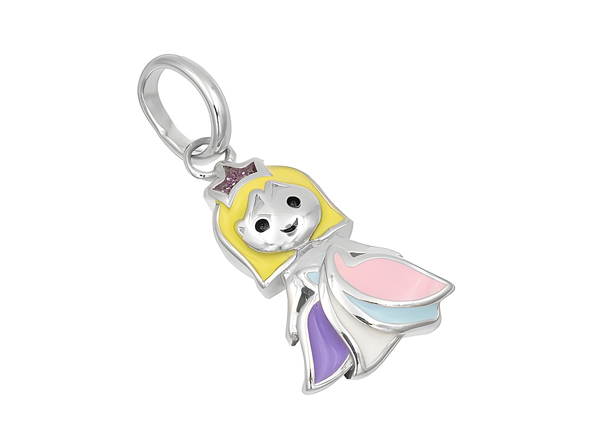 Bunter Anhänger in Form einer Prinzessin aus rhodiniertem Sterling Silber, mit einem fröhlichen Gesicht und einem langen, farbenfrohen Kleid, ideal als Schmuckstück von Juwelier Harnisch.