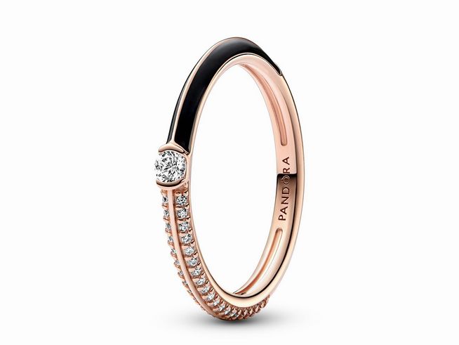 182528064-0 Pandora ME Ring 182528C01-64 aus roségoldvergoldetem Metall mit schwarzem Pavé und Zirkonia, Größe 64, eleganter Doppelring mit funkelndem Design.