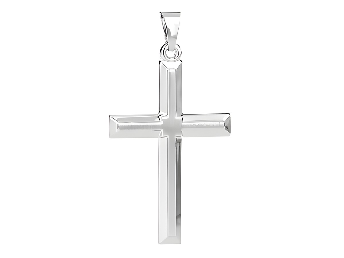 Kreuz Anhänger dezent Silber rhodiniert vom Hersteller Juwelier Harnisch schlicht gehalten, glänzende Oberfläche und klare Linien, ideal als elegantes Schmuckstück.