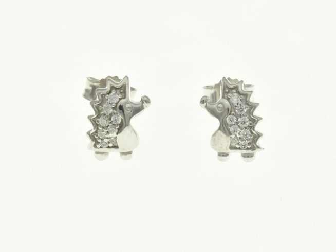 Igel Ohrstecker aus rhodiniertem Sterling Silber mit Zirkonia, hergestellt von Juwelier Harnisch, ideal für Kinder, niedliches Design in Form eines Igels.