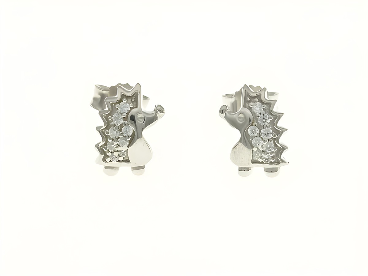 Igel Ohrstecker aus rhodiniertem Sterling Silber mit Zirkonia, hergestellt von Juwelier Harnisch, ideal für Kinder, niedliches Design in Form eines Igels.