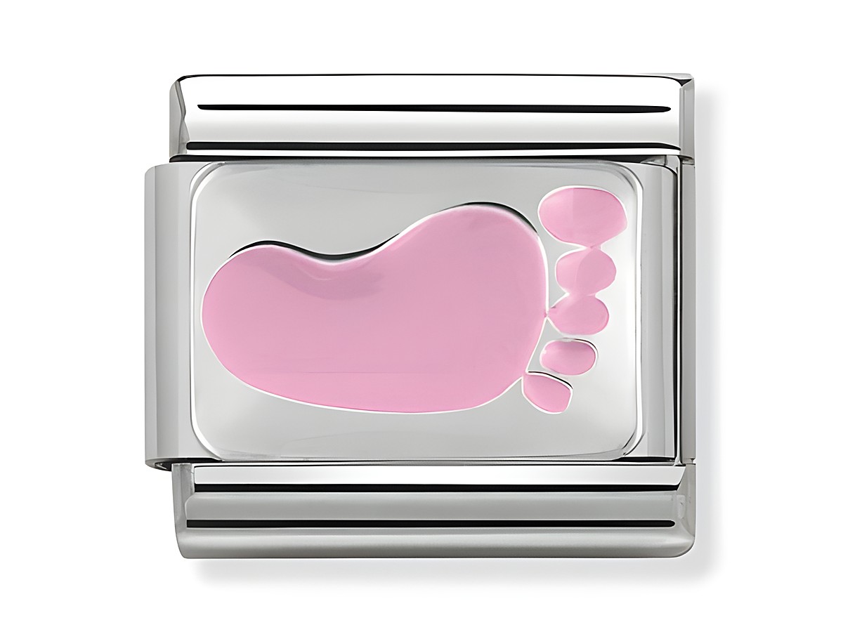 Classic rosa Kinderfußabdruck aus Silber von Nomination mit Motiven, eignet sich perfekt als persönliches Schmuckstück oder Geschenk zur Erinnerung an die ersten Schritte des Kindes.