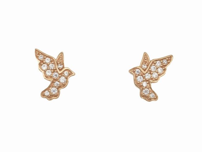 Ohrringe Ohrstecker Friedenstaube aus Sterling Silber mit Roségold vergoldet, verziert mit funkelndem Zirkonia, gefertigt vom Juwelier Harnisch.