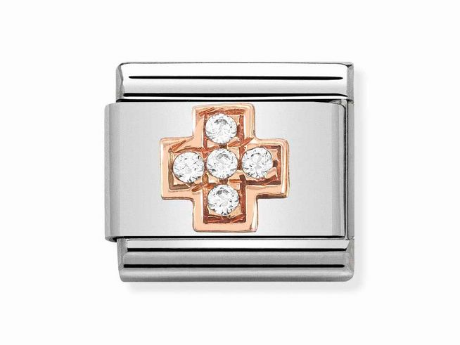 Nomination Classic Roségold Zirkonia 430302 29 Kreuz mit fünf funkelnden Zirkonia im Kreuzdesign auf silbernem Hintergrund, ideal für Armreif oder Schmuckkollektion.