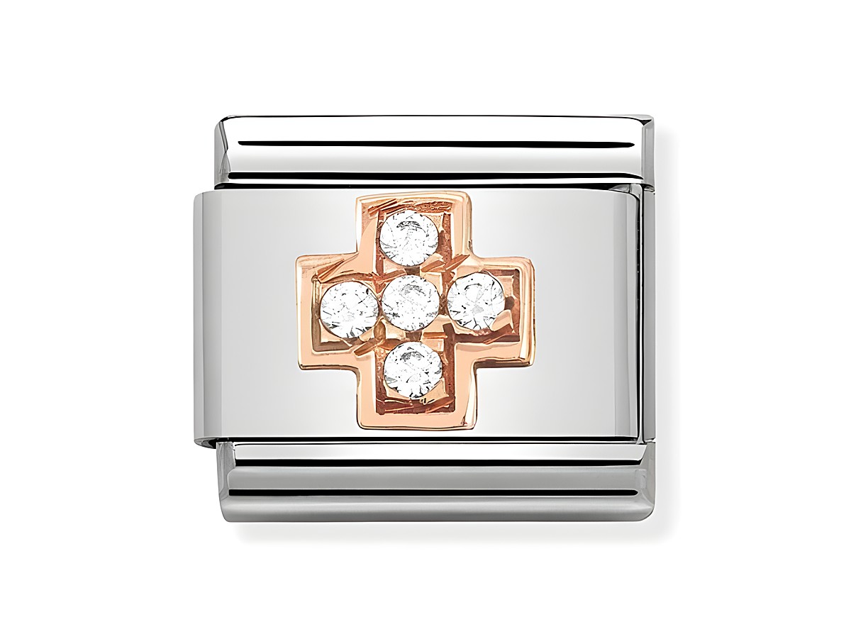 Nomination Classic Roségold Zirkonia 430302 29 Kreuz mit fünf funkelnden Zirkonia im Kreuzdesign auf silbernem Hintergrund, ideal für Armreif oder Schmuckkollektion.