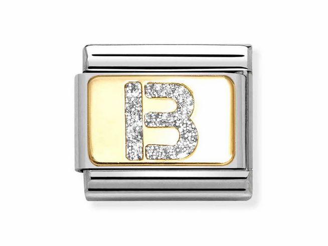 Buchstabe B in Silber-Glitzer auf gelbgoldenem Hintergrund, eingefasst in Edelstahl, von Nomination, geeignet für den individuellen Schmuckstil.