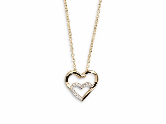 Xenox Sterling Silber Kette XS2794G in Gelbgold Vergoldung mit Ankerkette und herzförmigem Anhänger, der mit funkelnden Steinchen verziert ist. Länge 40-45 cm, ideal für eine liebevolle Botschaft.