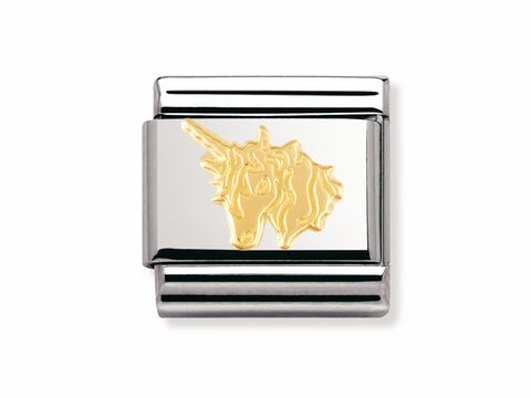 Das Bild zeigt ein silbernes Charm mit einem goldenen Einhorn-Design, das elegant und detailreich verarbeitet ist. Ideal für Schmuckliebhaber und Märchen-Fans.