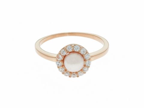 Ring mit Perle in der Mitte, umgeben von funkelnden Steinen, gefertigt aus rosé vergoldetem Silber, klassisches Design, Größe 52, Hersteller Juwelier Harnisch.