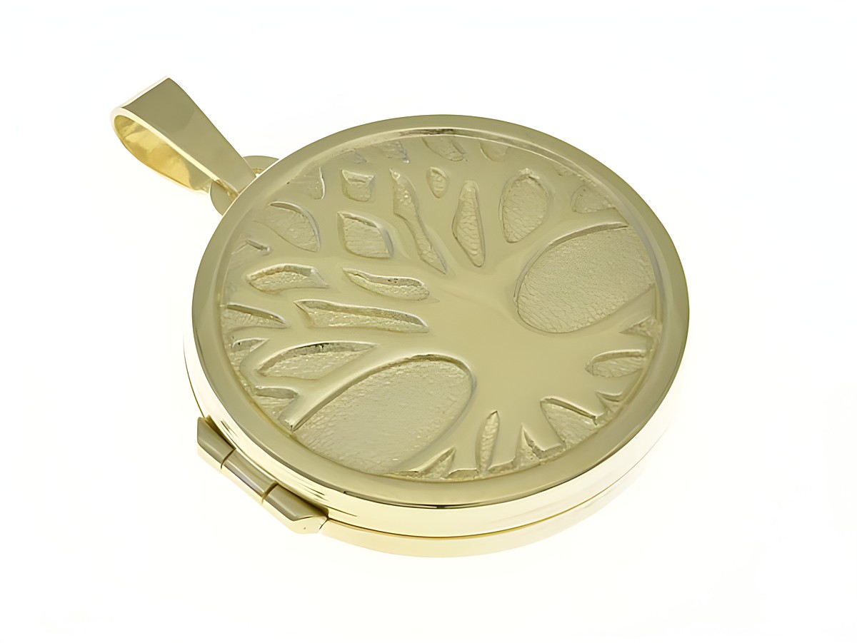 Rundes Medaillon aus Sterling Silber, teilmattiert, mit Lebensbaum-Motiv, vergoldet in Gelbgold, hergestellt von Juwelier Harnisch. Ein elegantes Schmuckstück für besondere Anlässe.