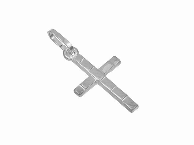 Schlichter Anhänger Kreuz aus poliertem rhodiniertem Sterling Silber, gefertigt vom Juwelier Harnisch, ideal für stilvolle Schmuckliebhaber.