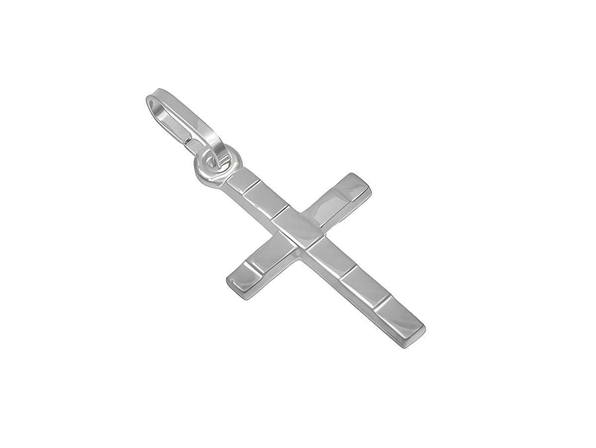 Schlichter Anhänger Kreuz aus poliertem rhodiniertem Sterling Silber, gefertigt vom Juwelier Harnisch, ideal für stilvolle Schmuckliebhaber.