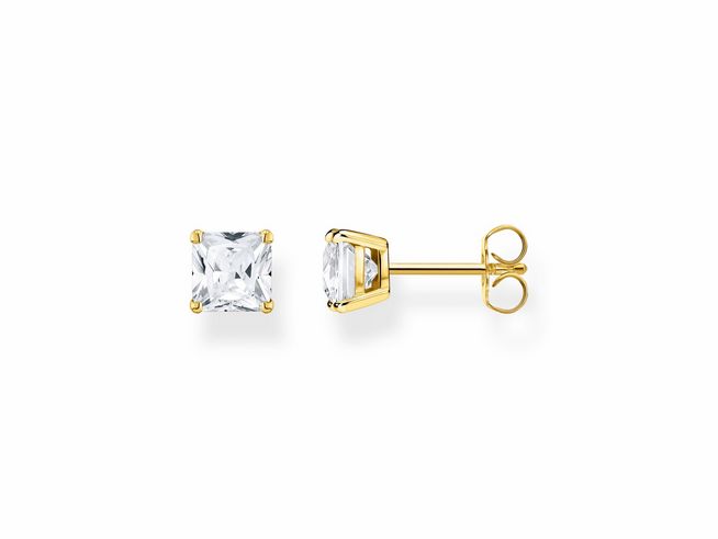 Ohrstecker aus Sterling Silber in vergoldeter Ausführung mit einem quadratischen Zirkonia Stein in Weiß, Größe 6 x 6 mm, von Thomas Sabo.