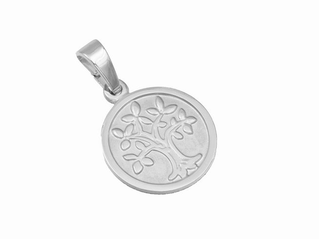 Silber Anhänger mit Lebensbaum symbolisch, teilmattiert und rhodiniert, vom Hersteller Juwelier Harnisch, in einer runden Form mit feinen Pflanzendetails.