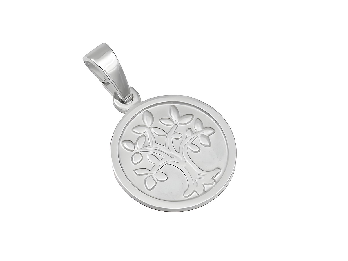 Silber Anhänger mit Lebensbaum symbolisch, teilmattiert und rhodiniert, vom Hersteller Juwelier Harnisch, in einer runden Form mit feinen Pflanzendetails.