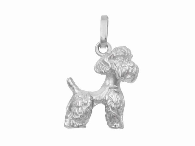 Anhänger Hund Pudel aus rhodiniertem Sterling Silber, detailreich verarbeitet, eignet sich als Schmuckstück für Tierliebhaber, Hersteller Juwelier Harnisch.