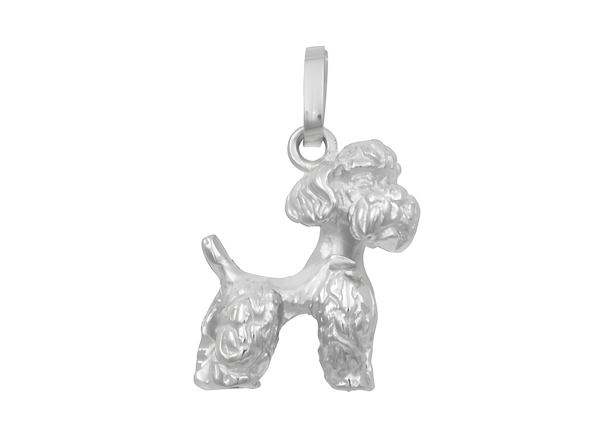Anhänger Hund Pudel aus rhodiniertem Sterling Silber, detailreich verarbeitet, eignet sich als Schmuckstück für Tierliebhaber, Hersteller Juwelier Harnisch.