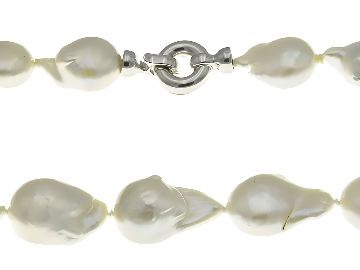 Perlenkette 46 cm aus rhodiniertem Sterling Silber mit weißen Zuchtperlen in der Größe 16,3 x 11,3 mm, Hersteller Juwelier Harnisch, elegant und einzigartig.