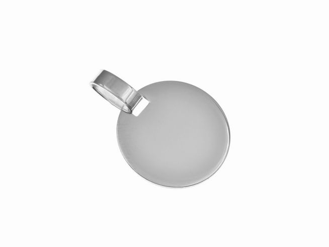 Runde Gravurplatte aus rhodiniertem Sterling Silber mit einem Durchmesser von 1,4 cm, Hersteller Juwelier Harnisch, schlichtes Design, ideal für personalisierte Gravuren.