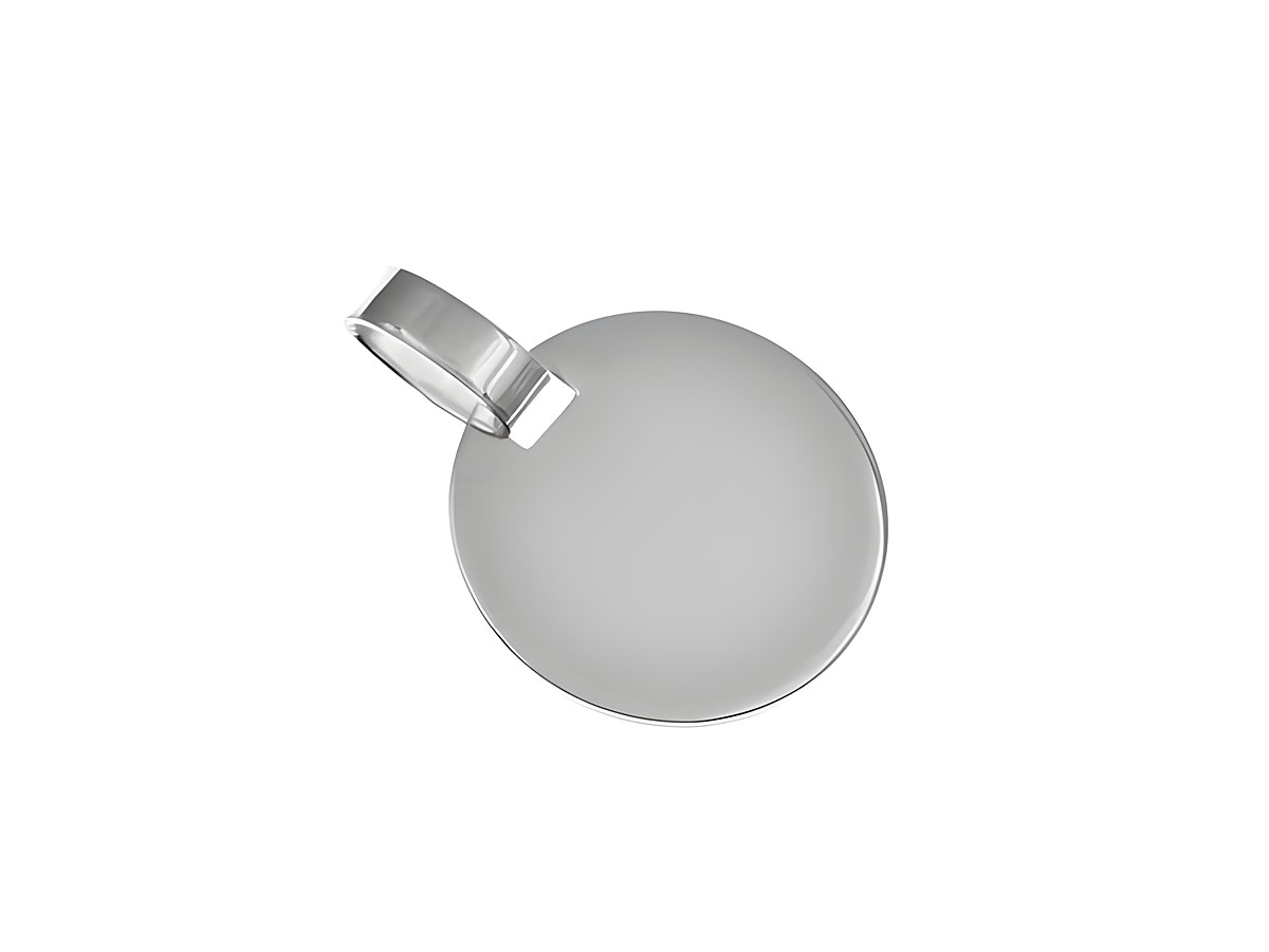 Runde Gravurplatte aus rhodiniertem Sterling Silber mit einem Durchmesser von 1,4 cm, Hersteller Juwelier Harnisch, schlichtes Design, ideal für personalisierte Gravuren.